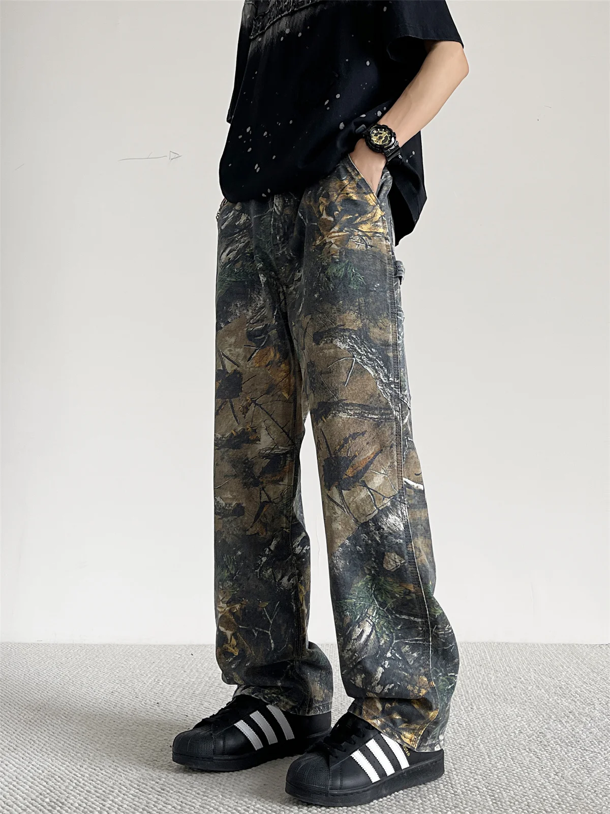 

Retro Loose Casual Men's Denim Jeans Trendy Streetwear Branch Pattern Straight Leg Long Pants Hip Hop Subculture Style