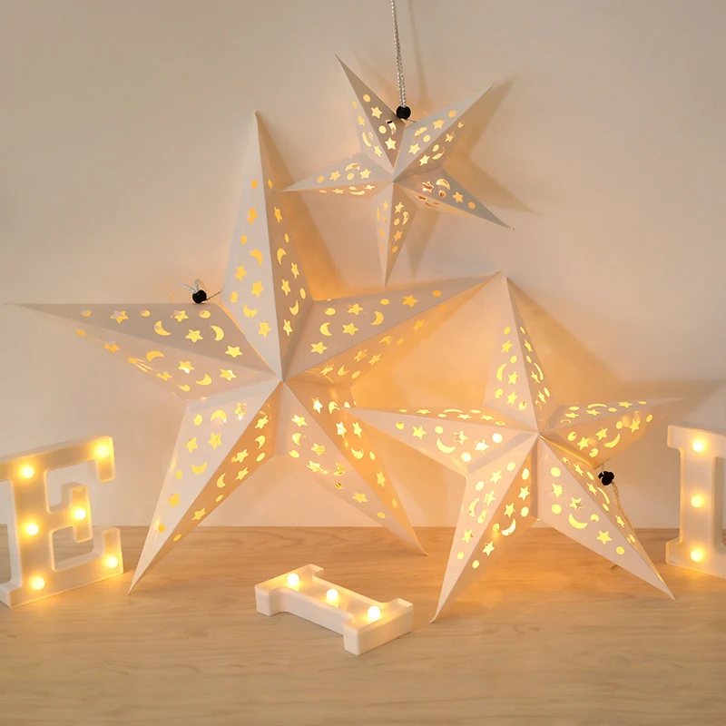 

30-60cm Hollow Out Star Hanging Pendant Led Light Decorative Window Grille Paper Lantern Stars Lampshade Home Party Garden Decor