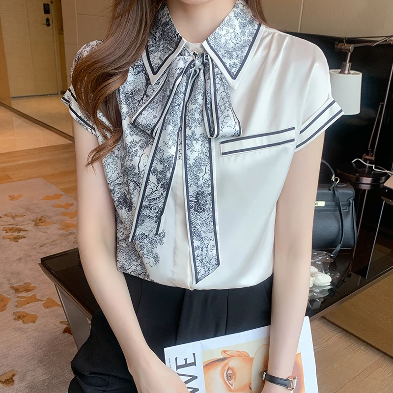 Summer Korean Fashion Women Shirt Bow Short Sleeve Women\'s Clothing Printing Womens Tops Lace Up Blouse Women Satin Silk Blouses