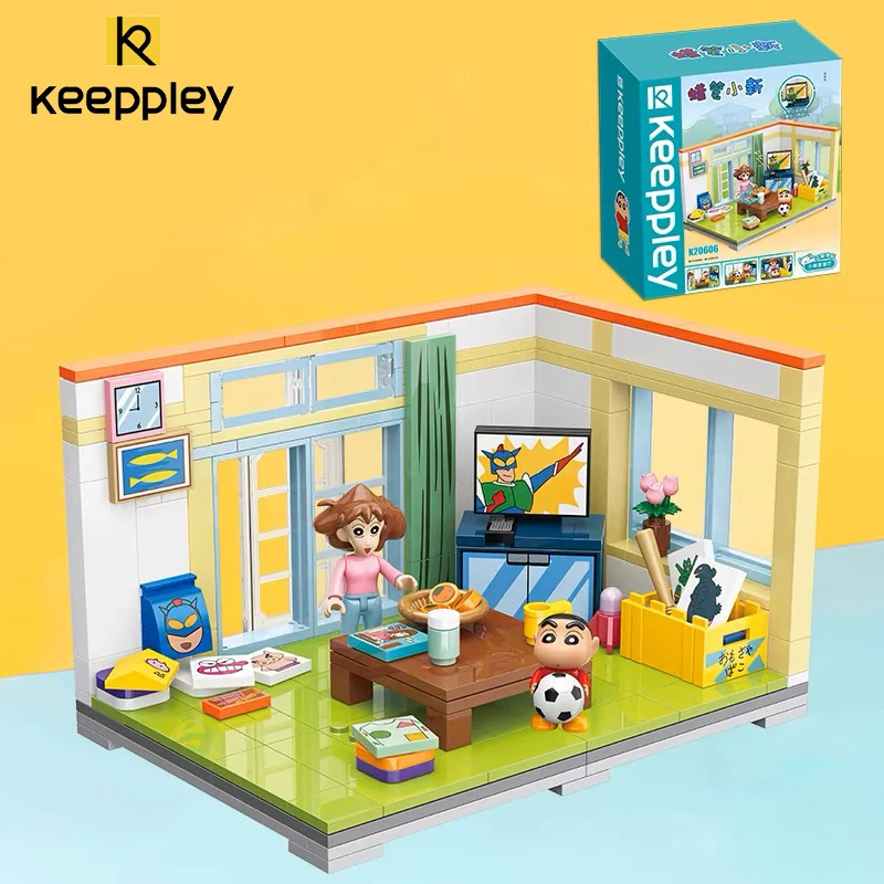 Nuevo Keeppley Crayon Shin-chan bloque de construcción autobús escolar sala de estar vista de calle modelo decoración de escritorio juguetes para niños regalo para niñas