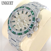 Hot Fashion Green Watches Men Brand UNIGUET Luxury Stainless Steel Hip Hop Rainbow Diamond Quartz Wristwatch Male Dropshipping ﻿