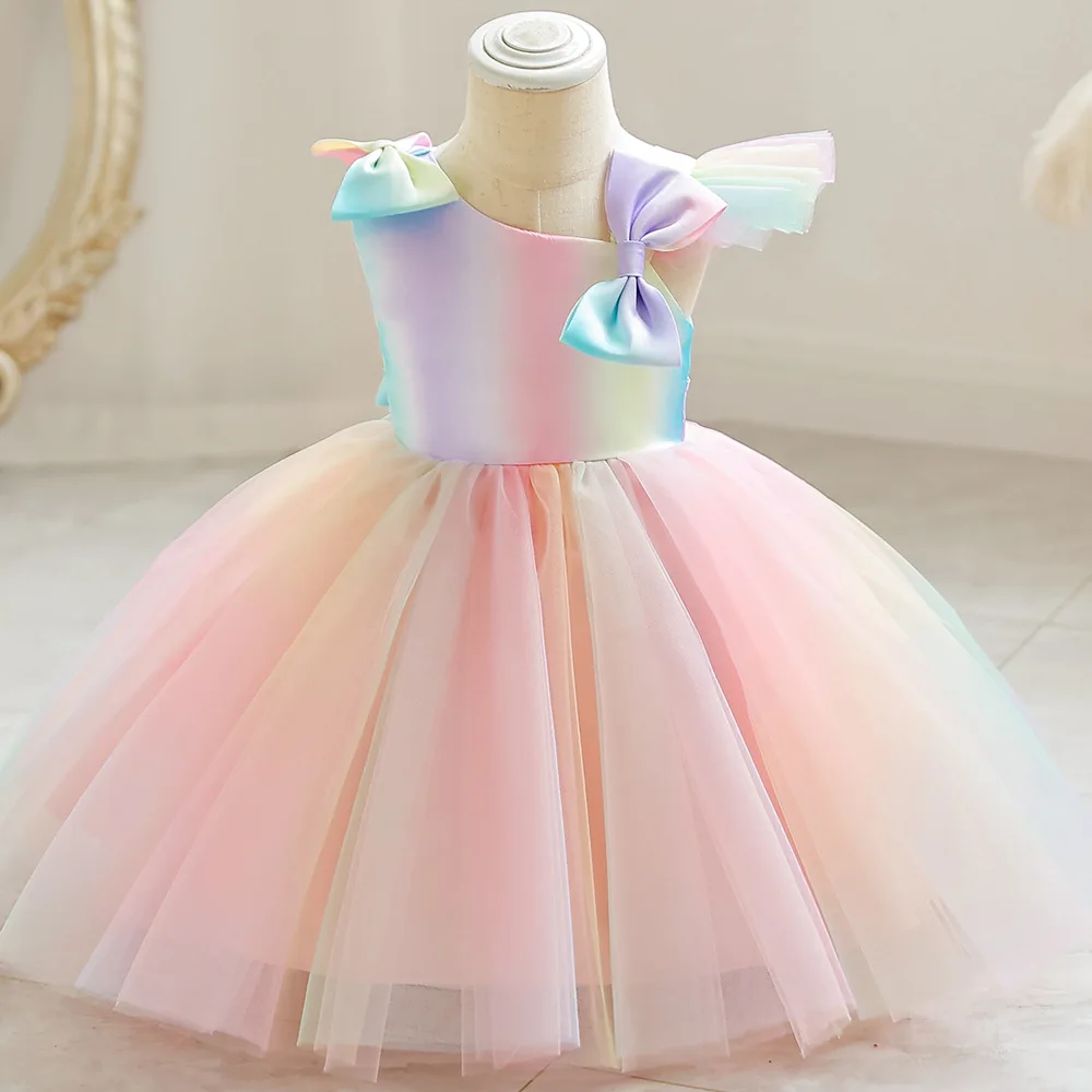 

ELBCOS 1-6T Kid Girls Short Asymmetrical Sleeve Bowknot Bubble Skirt Colorful Costumes Evening Full Dress