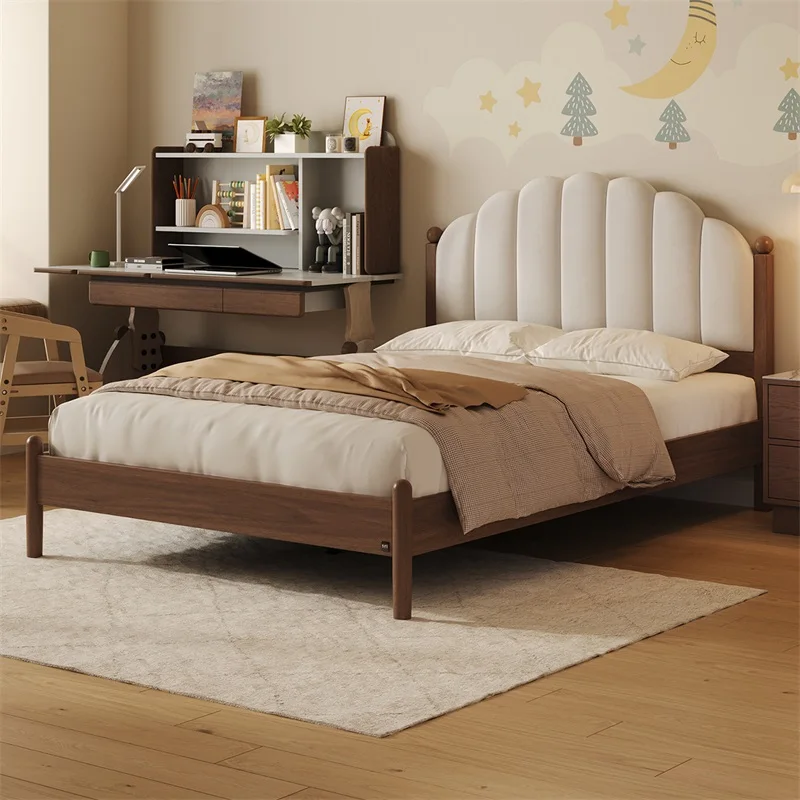 Home wood art medium antique walnut all solid wood children's bed, soft bag bed small apartment 1.5m bed