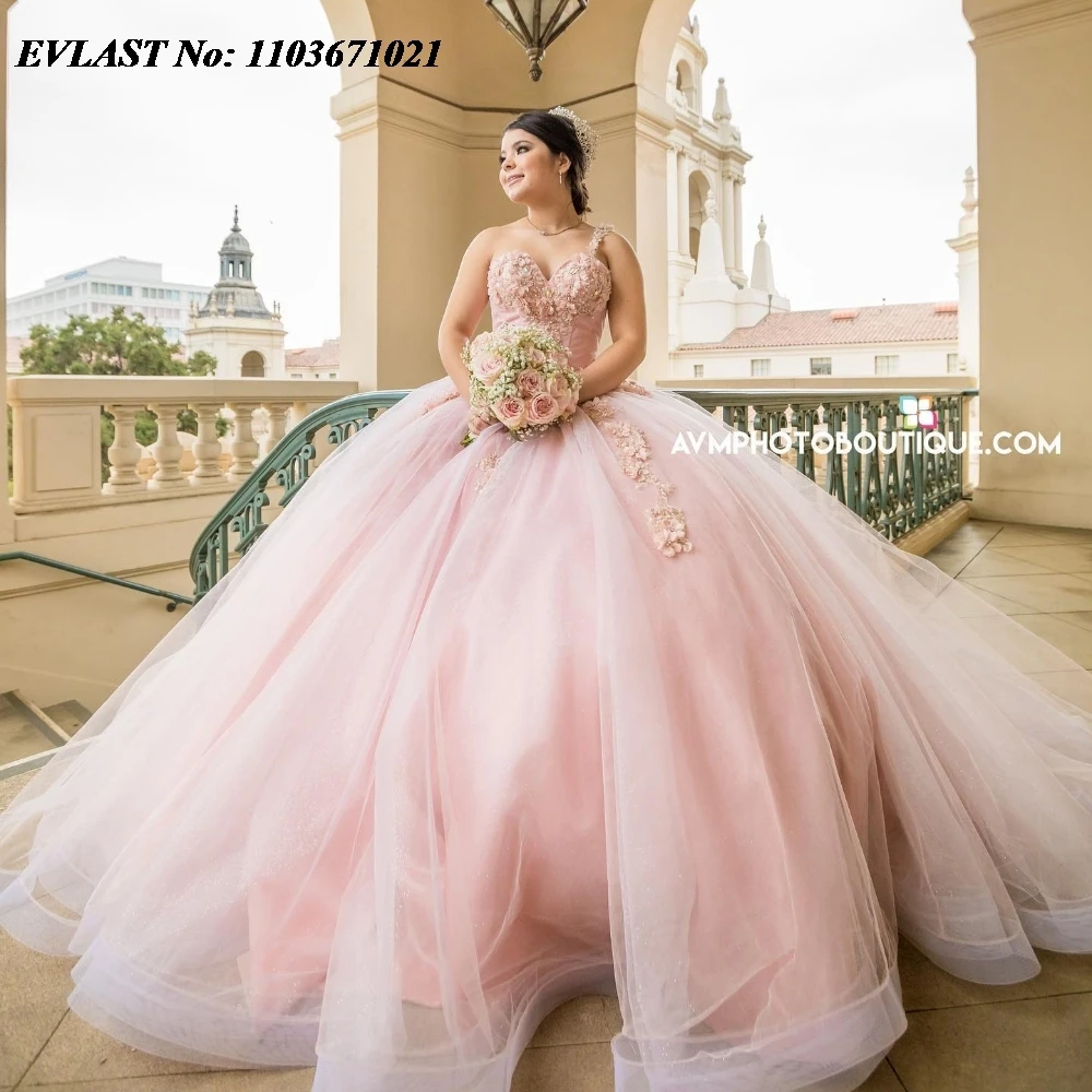 EVLAST personalizado Rosa vestido para quinceañeras vestido De baile Apliques De encaje con cuentas corsé mexicano dulce 16 Vestidos De 15 Anos SQ595