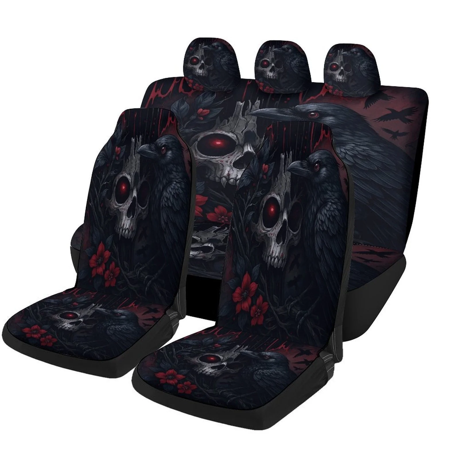 Raven And Skull Design Car Seat Cover Set For Most Cars, High-Quality Comfortable Full Set Protector Covers For 2 Front Seats An
