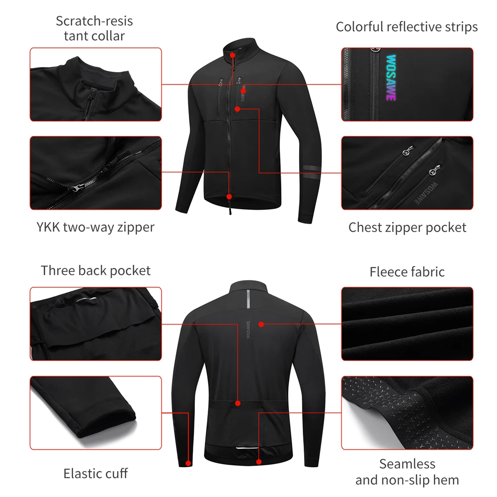 WOSAWE Men's Winter Bike Jackets Windproof Softshell Thermal Bicycle Clothing for Men Warm Fleece Road Bike Windbreaker Coat