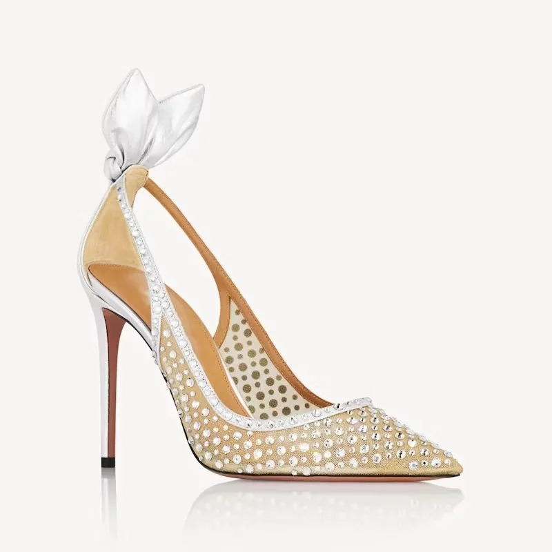 

Новые модные красивые серебряные сандалии с узлом-бабочкой, туфли на очень высоком каблуке с острым носком на шпильке, пустые модные пикантные женские туфли