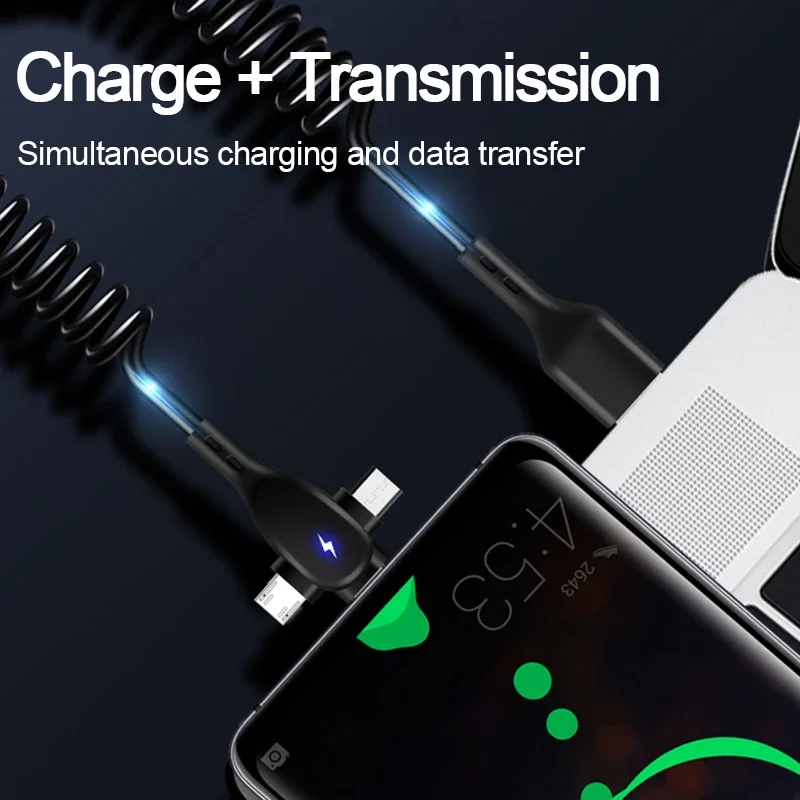 5A 3in1 1.8M Spring Charging Cable For Samsung Xiaomi POCO f5 Super Fast Charge Data Cable USB A to Micro USB Type-C For IPhone