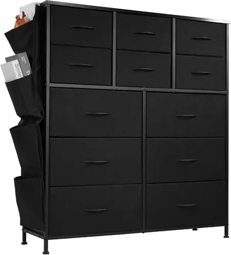 Tall Storage with 12 Fabric Drawers, Wide Chest with Side Pockets and Hooks for Bedroom, Closet, Living Room