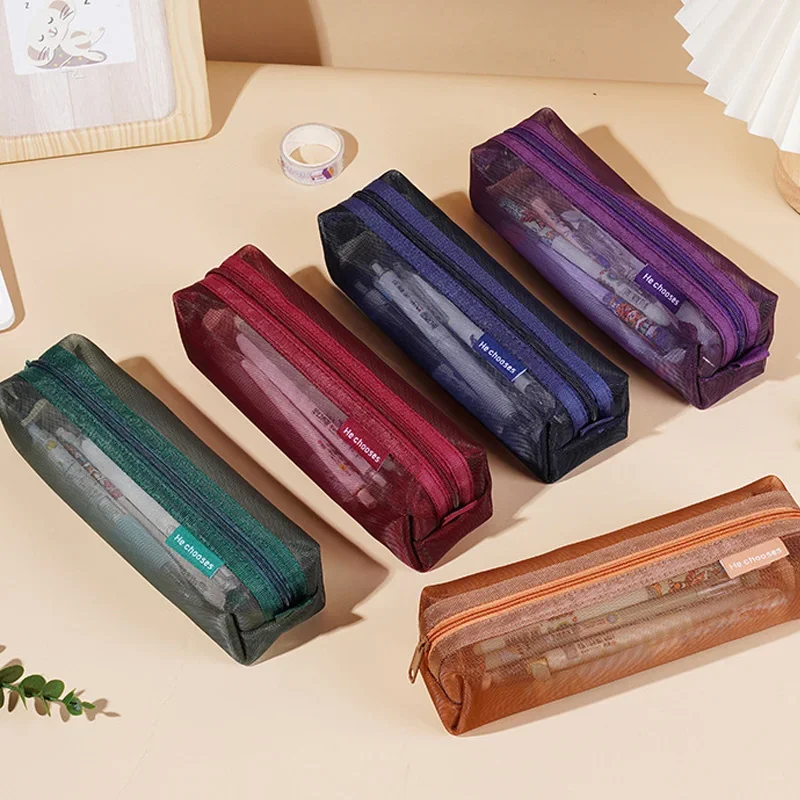 Vintage Colorful Large Big Size Mesh Pencil Cases Clear Storage Bags Stationery Pouch Office School Pen Box for Student Boy Girl