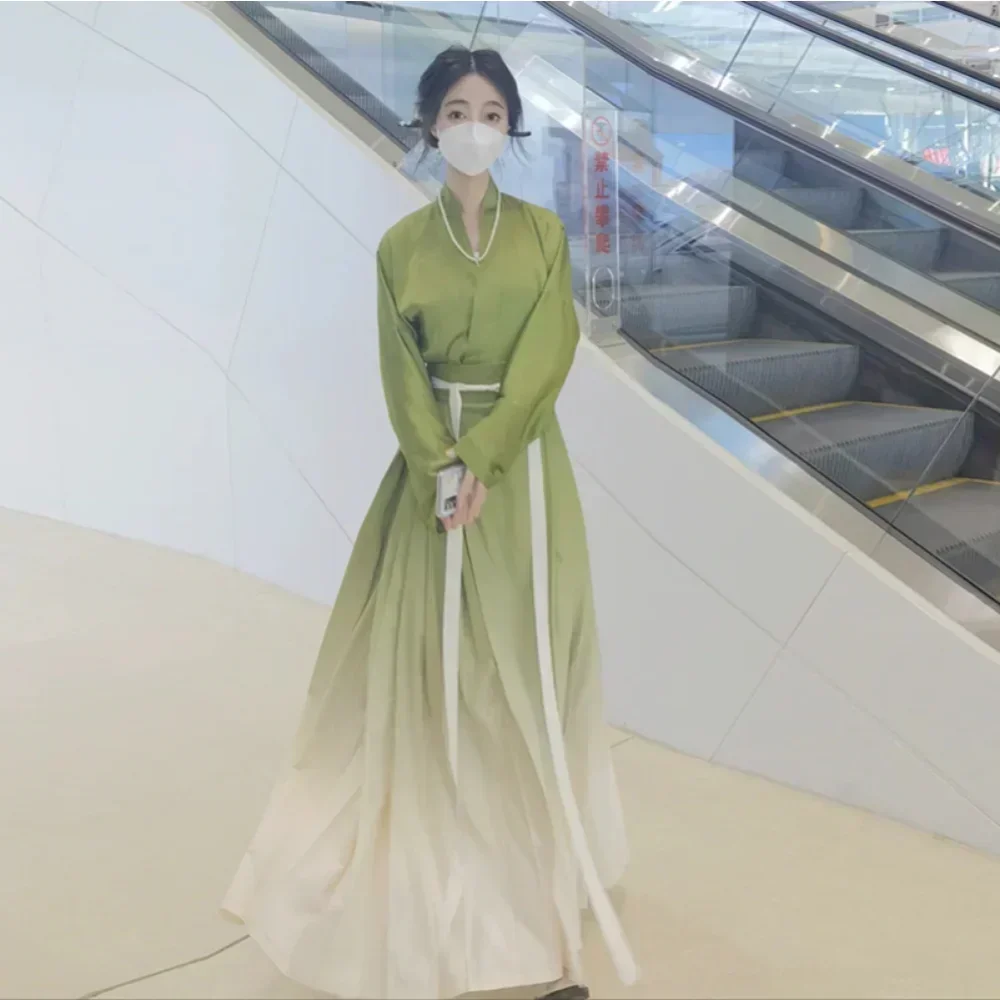 Spring Summer Song Dynasty Elegant Satin Green Gradient Hanfu Dress Women's Clothing Improved Modern Horse Face Skirt Hanbok