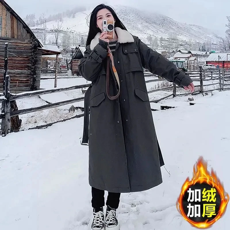 Women Thicken Parka Winter New Work Clothes Loose Cotton Jacket Windproof Women Casual Lined lamb wool Warm Long Overcoat XQ330