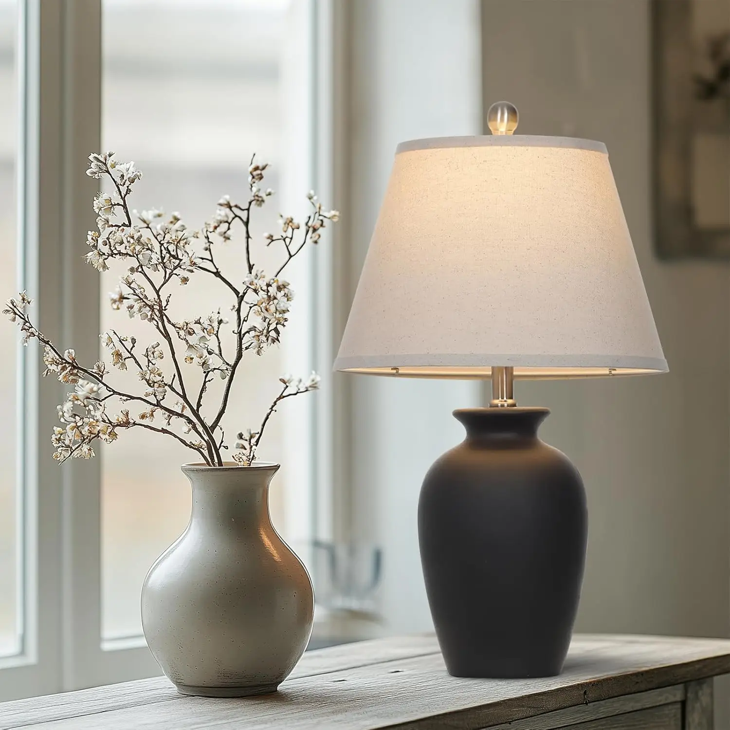 Lampada da tavolo da fattoria in ceramica nera da 22' con design in barattolo di zenzero - per soggiorno, camera da letto, ufficio, comodino