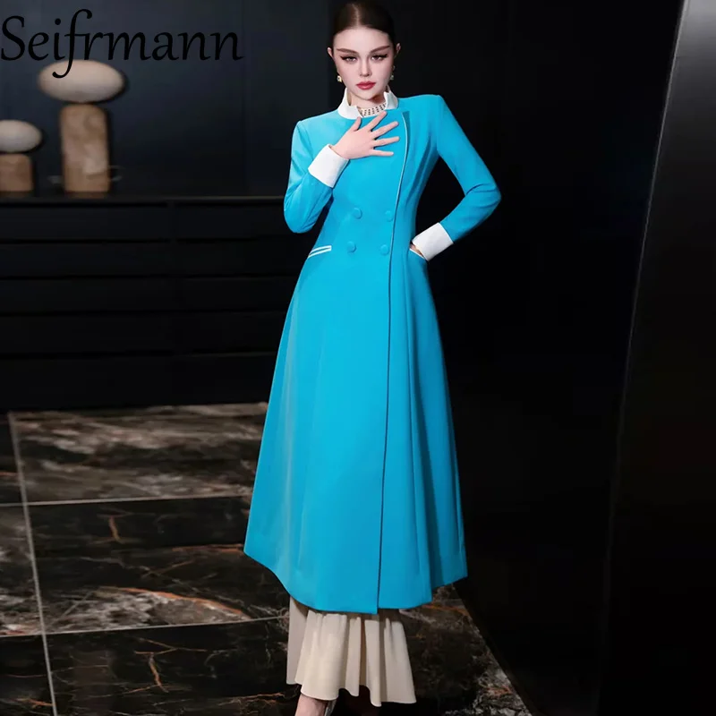 Seifrmann 2026 Spring Women's New Fashionable Stand up Collar Long Sleeve Color blocked Double breasted Waist cinching coat