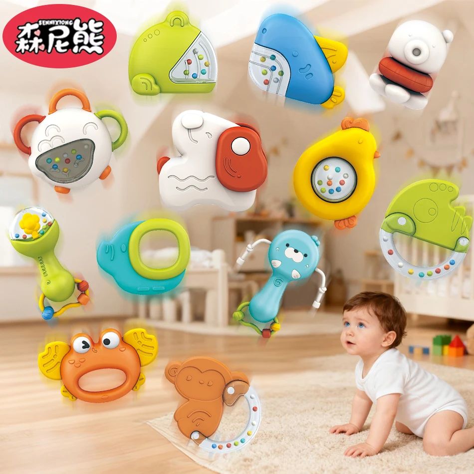 SENNIXIONG Montessori Baby Handbell Cartoon Elefant Hai Rassel Kautable Zahnen Entwickeln Sensorisches Spielzeug Für Neugeborene Kleinkind Geschenk