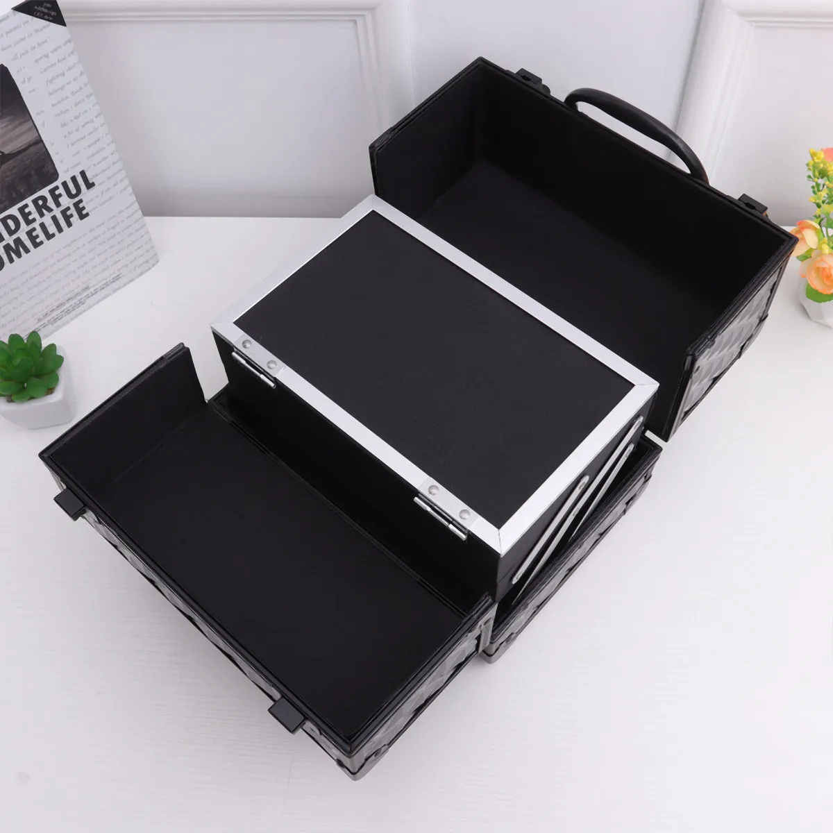 Large Box Black Water Cube Portable Metal Makeup Organizer Two Layer Storage Case for Nail Beauty Salon Professional