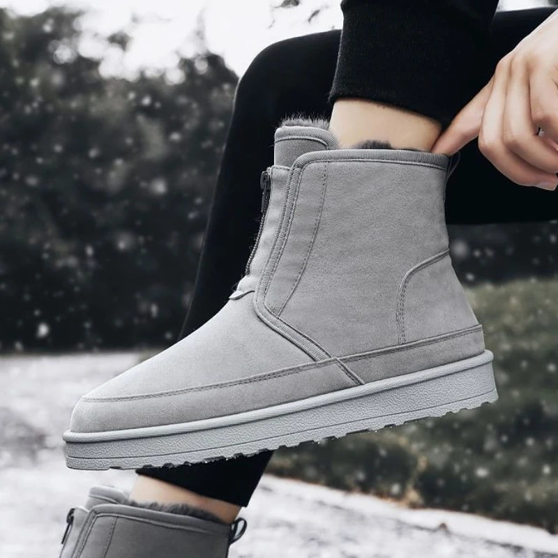 Vintage Simple Zipper Men's Winter Warm Fleece Lined Snow Boots Thickened Platform Sole Slip Resistant Fur Bread Cotton Boots