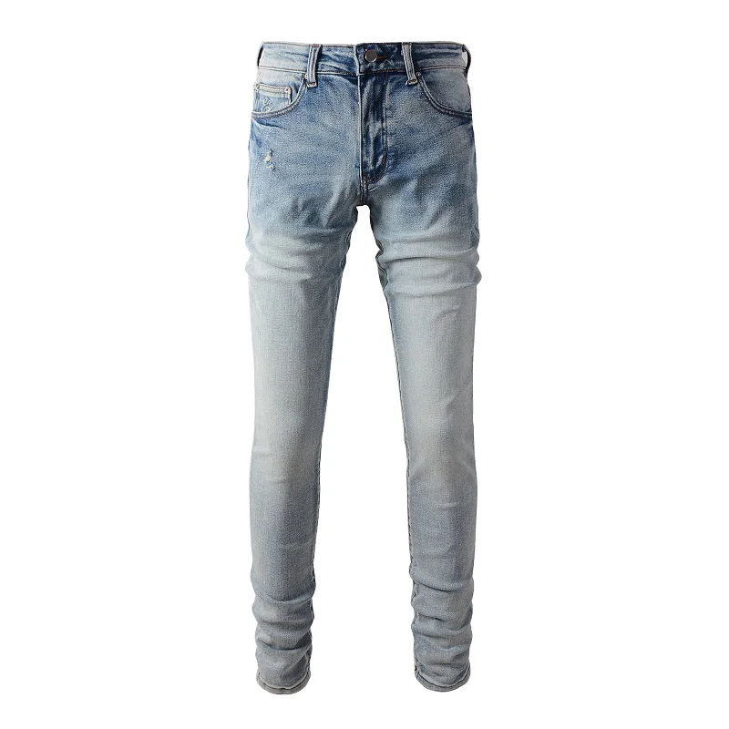 

Men's Blue High Street Distressed Blank Scratched Moustache Slim Fit Stretch Plain Ripped Jeans