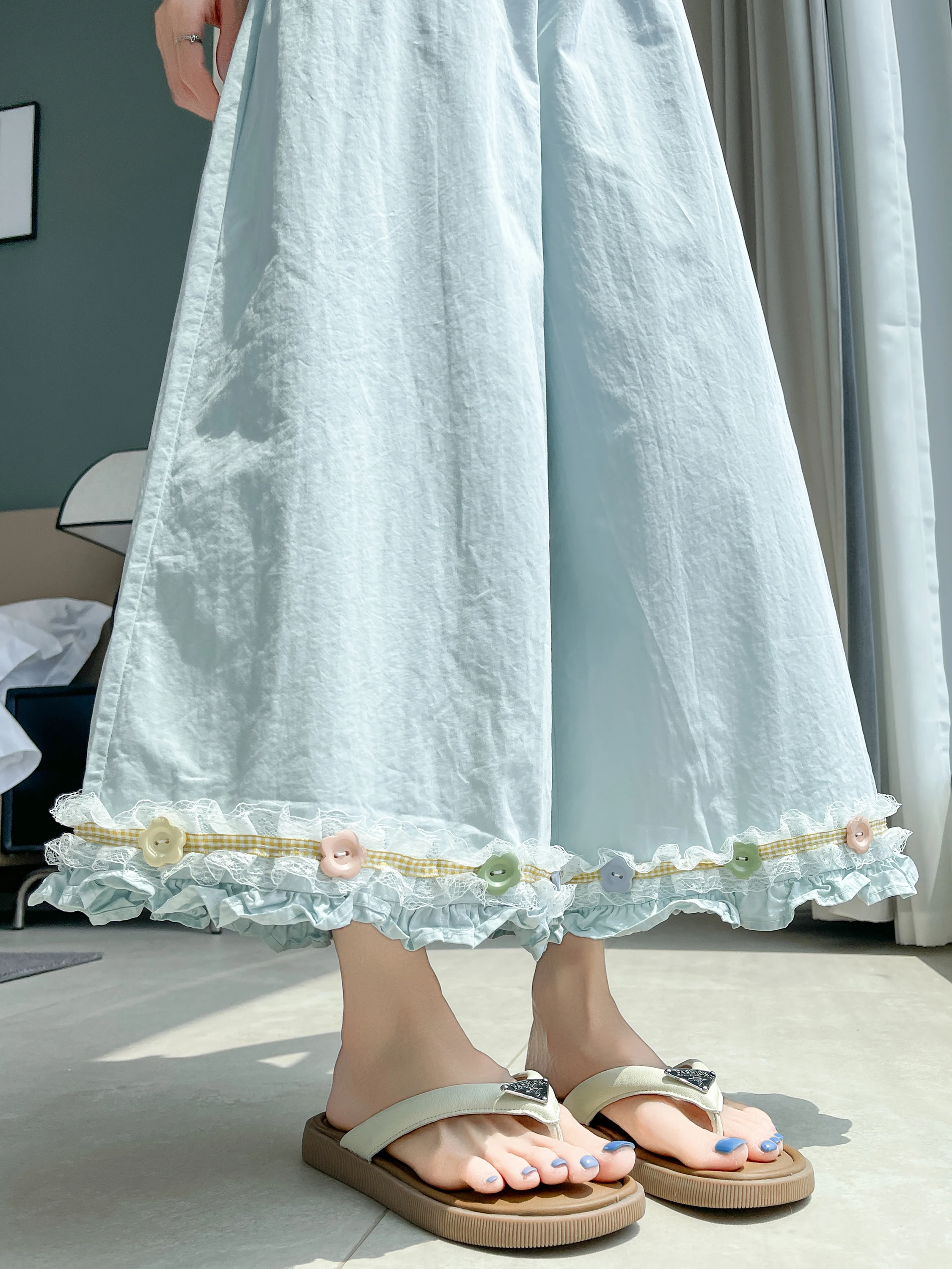 

Ruffle Hem Wide Leg Pants Skirt High Waist Elastic Waist Summer Thin Cotton Casual Loose Fit Korean Style Commute Wear