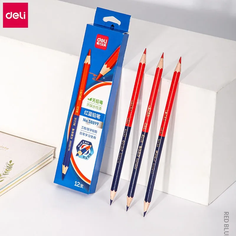 Deli Pensil Merah Biru HB Pena Warna Ganda untuk Anak-anak Dewasa Desain Gambar Teknik Industri Menandai Alat Tulis Pensil Kayu