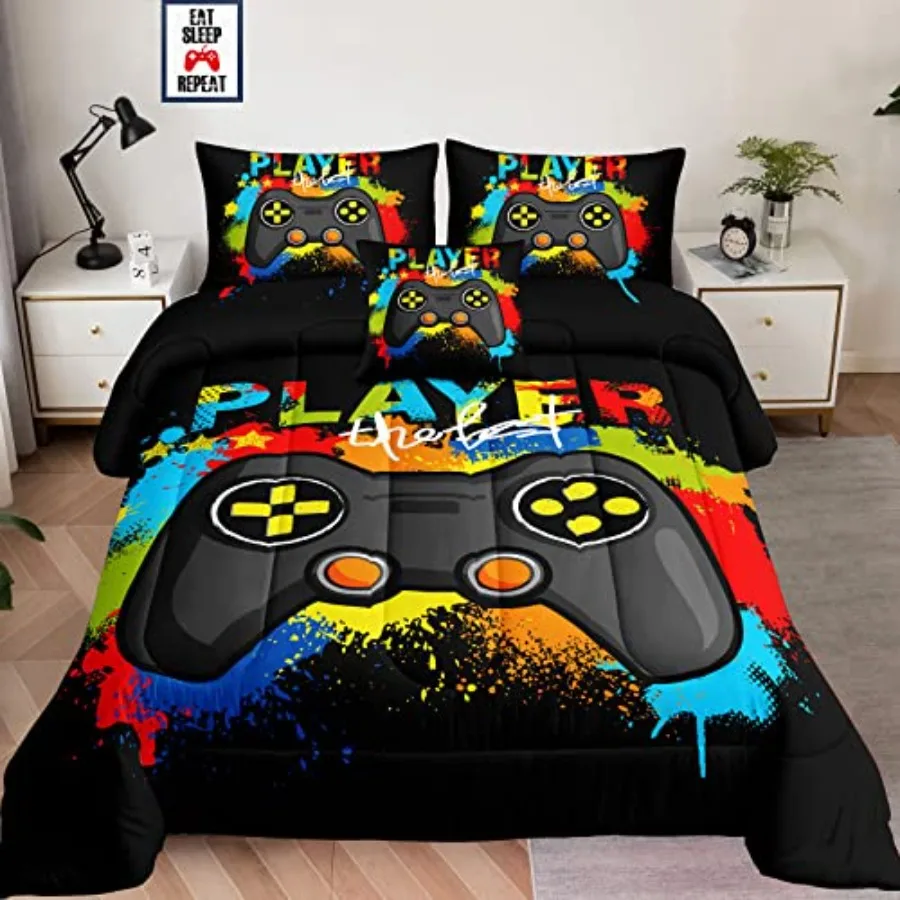 6 Pieces Bed in a Bag for Gaming Bedding SetBoys Gamer Comforter Set with Flat Sheet Fitted Sheet Pillowcases Cushion Cover Gam