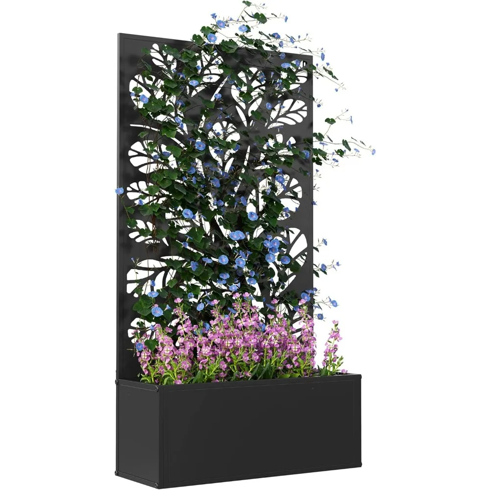 Metal Raised Garden Bed with Trellis and Privacy Panel, Freestanding or Wall Mounted Planter Box for Outdoor Plants