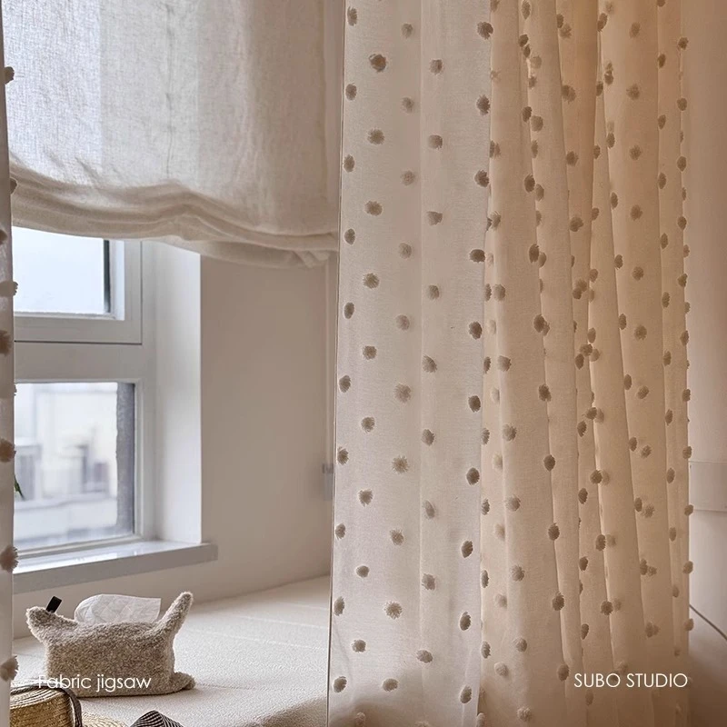 Custom Size Cream-toned Wood-accented Vintage-inspired French Style with A Fresh Textured Pom-pom Motif Sheer Decor Elegant