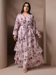 TOLEEN 2024 New Women Casual Elegant Formal Maxi Dresses Plus Size V-Neck Wrapover Floral Print Belted Layered Long Sleeve Dress