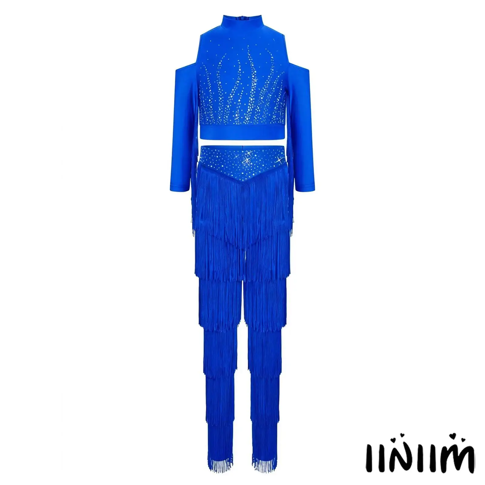 

Kids Girls Salsa Latin Dance Costume Cold Shoulder Tassels Long Sleeves Shiny Rhinestones Crop Top with Pants Latin Dancewear