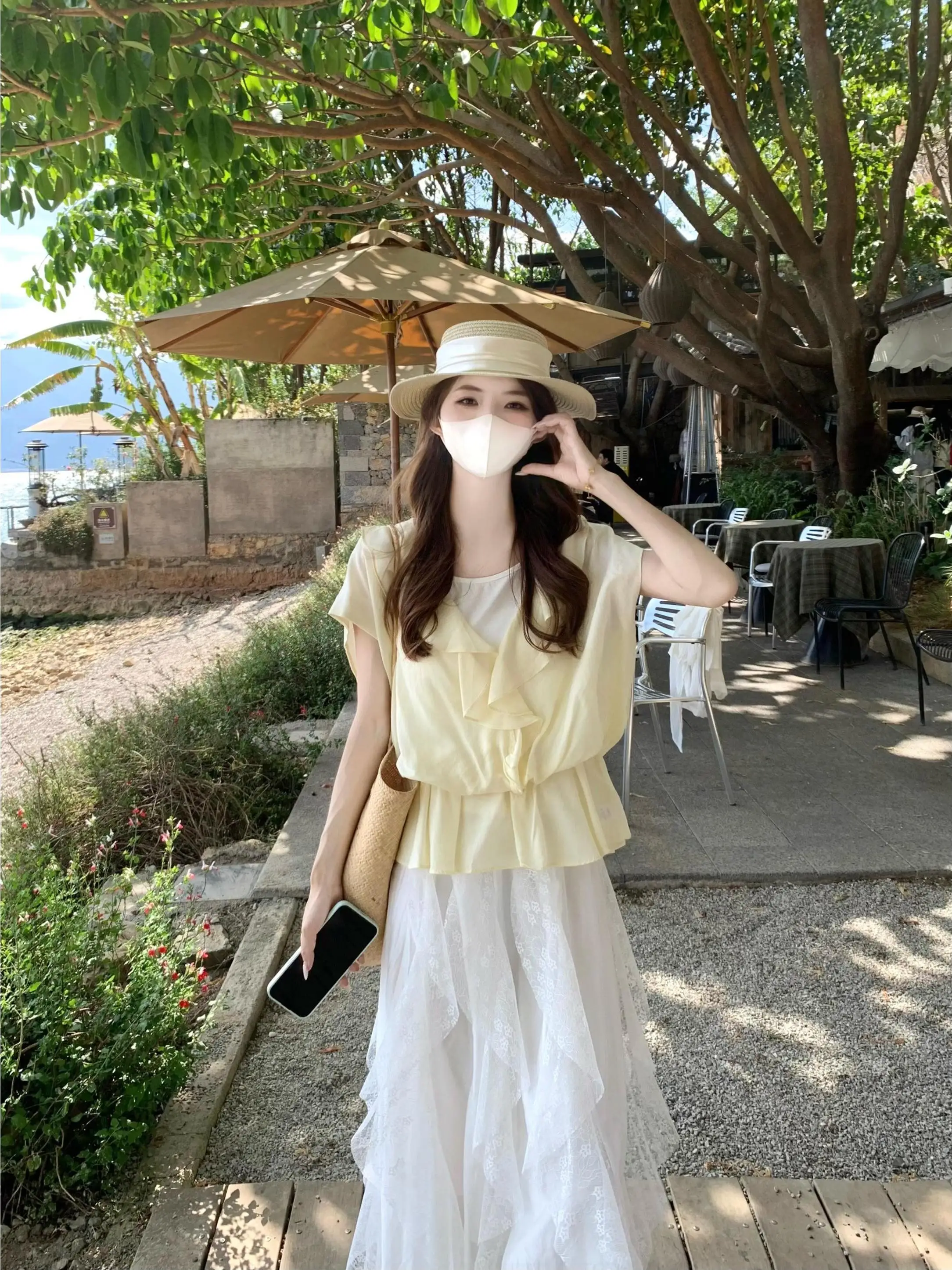 

Casual Summer Outfit Women's Mesh Half Skirt Two-Piece Set Soft Elegant Short Sleeve round Neck Breathable Comfortable Fashion