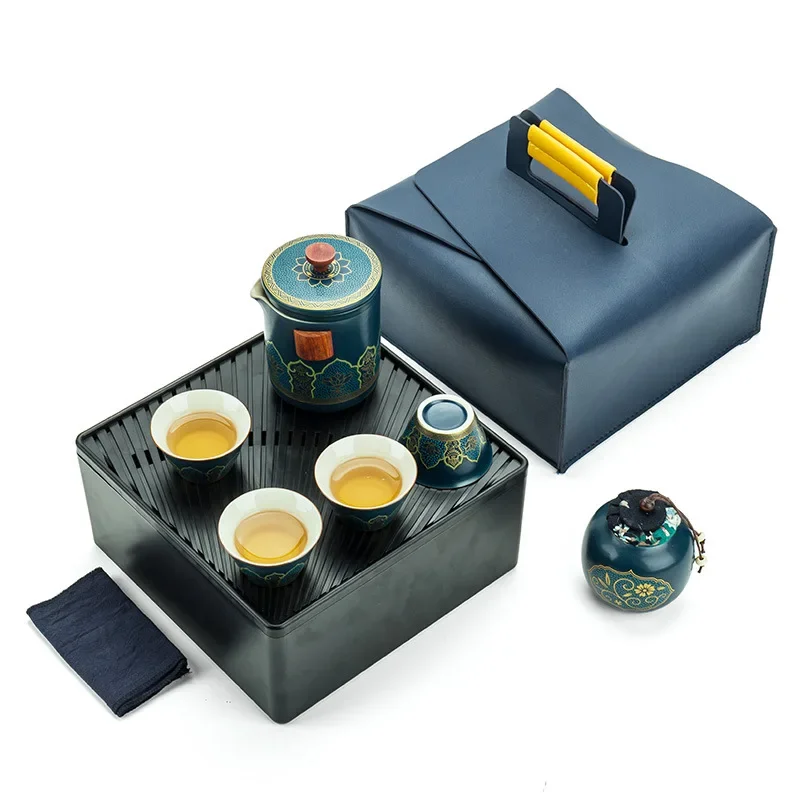 Travel Car Tea Set Ceramic Teapot and Cup Set Portable One Pot Four Cup Kung Fu Tea Set Home Office Green Tea Tea Set Tea Caddy