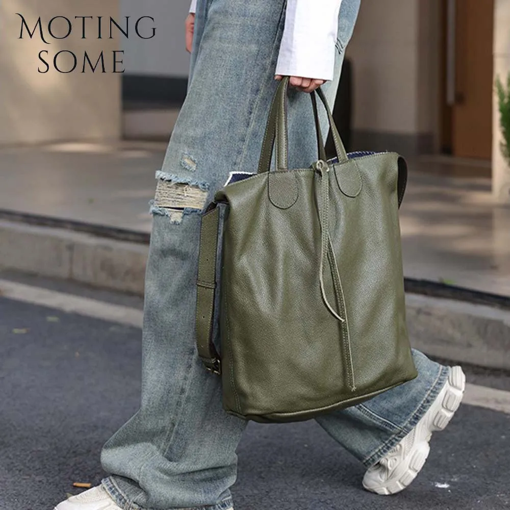 Motingsome Luxury Genuine Leather Saddle Bucket Bag Double-sided Use High Quality Shoulder Casual Tote Retro Handbag and Purses