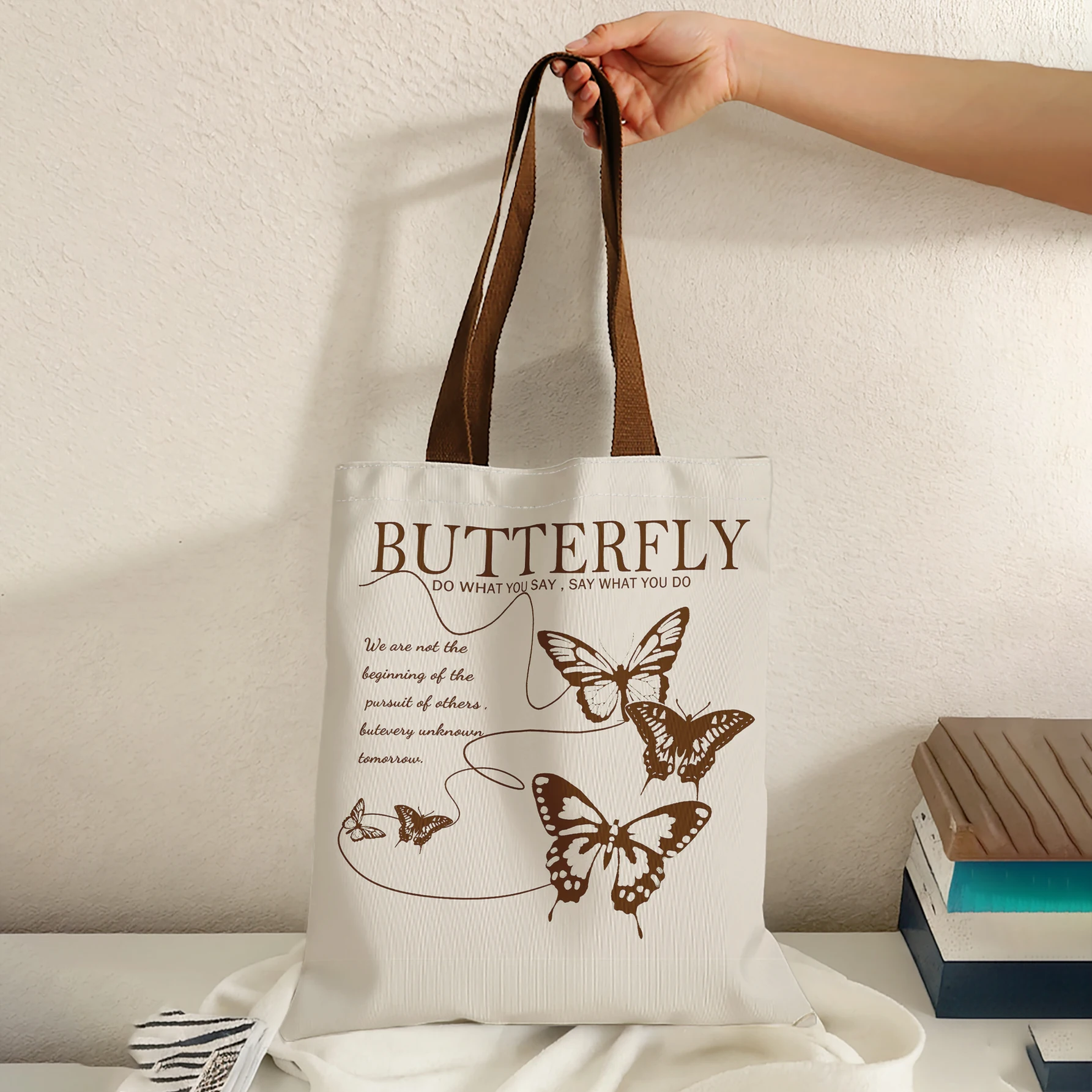 Vintage Brown Line Butterfly BUTTERFLY Quote Letter Print Tote Bag Large Capacity Shoulder Bag For Shopping Travel Daily Use