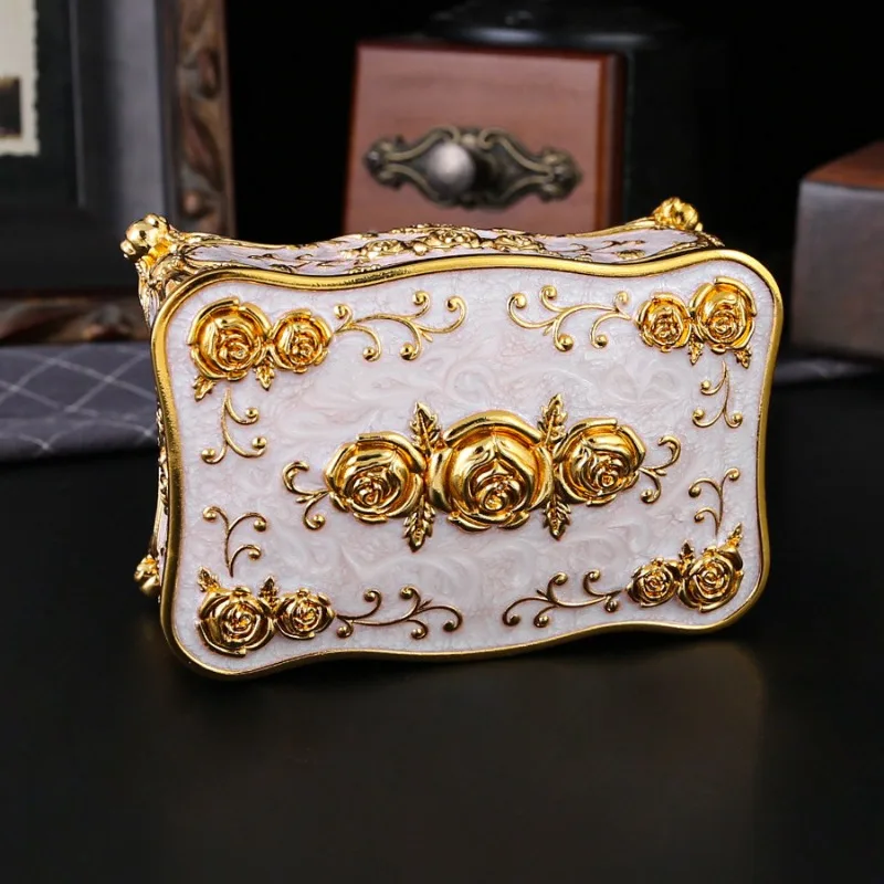 1pcs European Style Metal Rose Jewelry Box with Mirror - Creative Ring Necklace Earring Organizer Storage Case Wedding Gift - view 3