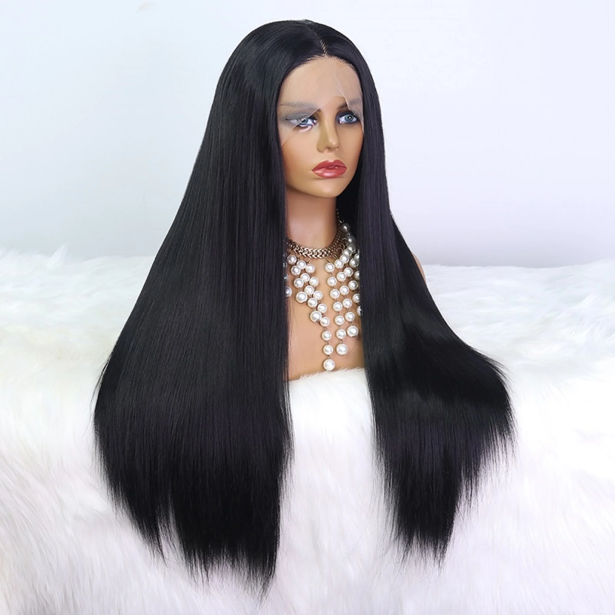 

26 дюймов 180 Плотность Бесклеевой Прямой Длинный Натуральный Черный 13*4*1 Парик Фронта Шнурка Для Женщин Детские Волосы Синтетические Предварительно Сорванные Ежедневно