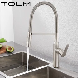 TOLM Brushed Nickel Modern Polished Chrome Brass Kitchen Sink Faucet Pull Out Single Handle Swivel Spout Vessel Sink Mixer Tap