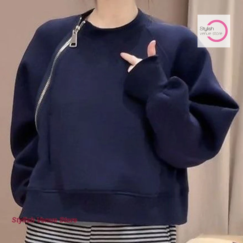 French fashion blue sweater women's autumn and winter new temperament design sense oblique zipper Joker pullover niche jacket