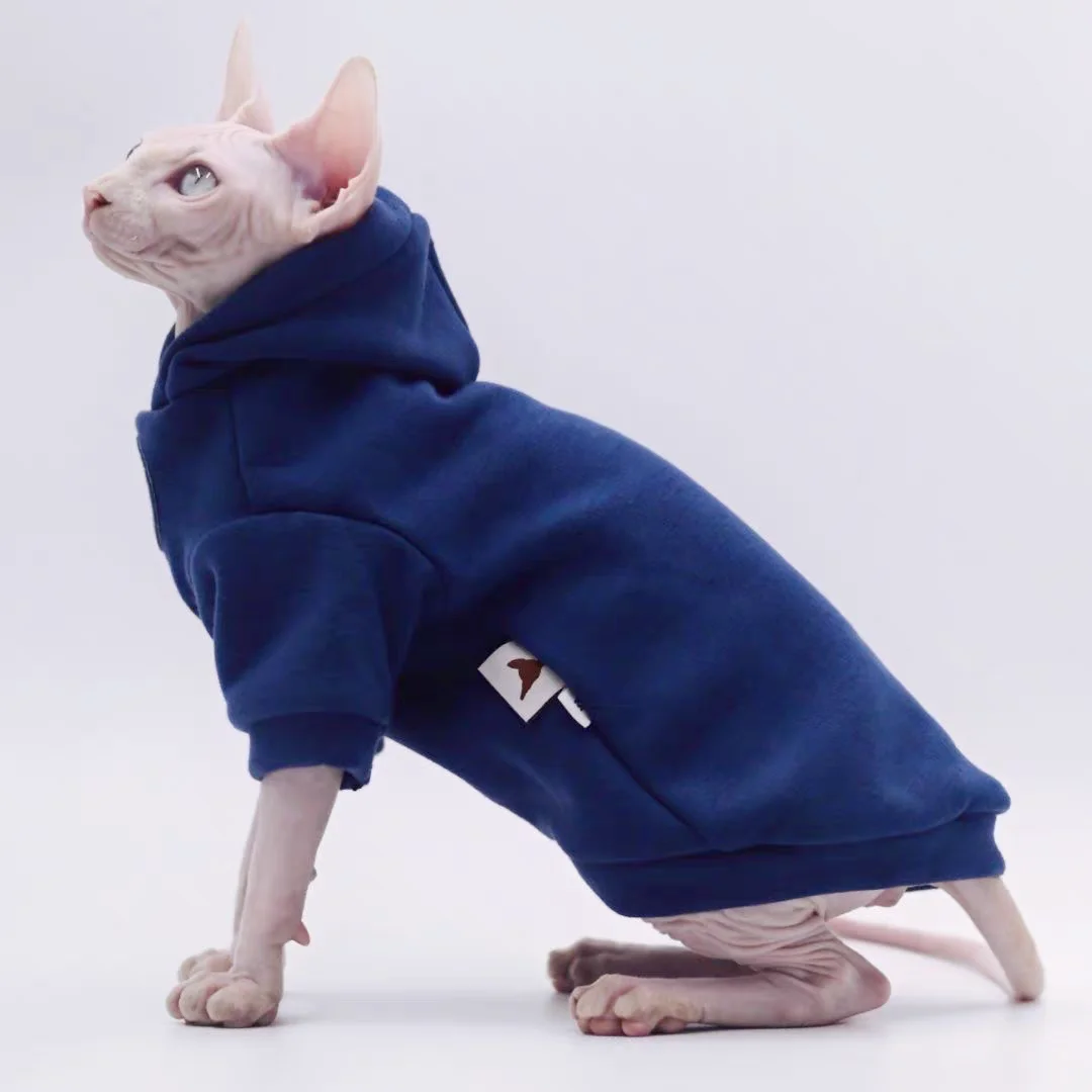 Dark Blue Thick Sweatshirt for Male Cat Winter Warm Hooded Jacket for Sphinx Kittens Spring Autumn Fashion Coat for Small Dogs