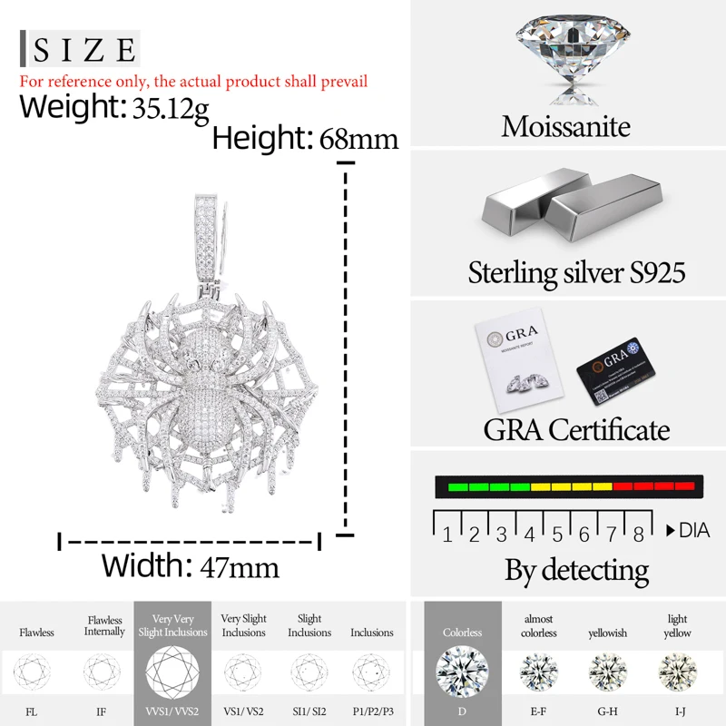 TUHE هايت الجودة VVS1 مويسانيتي العنكبوت قلادة 925 فضة قلادة للرجال الهيب هوب مجوهرات #6