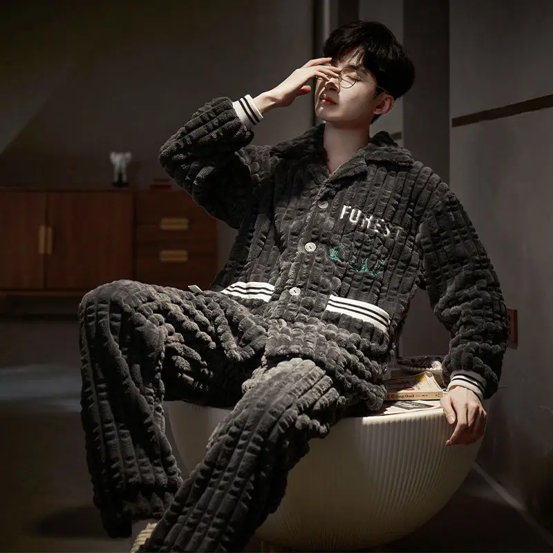 Winter Men's Flannel Thick Pajamas Simple Pocket Cartoon Students Can Wear Dormitory Warm Home Suit Set Men's Sleep  Lounge