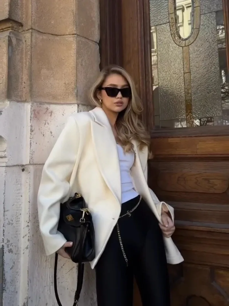 

Fashion Women's White Oversize Outwear Blazer Lapel Collar Coats Double Breasted Jacket 2025 Autumn Winter Office Casual Coat