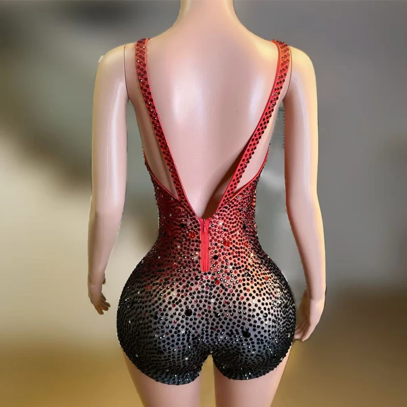 Halloween Cosplay Rave Outfits Red Black Rhinestones Bodysuit Women Pole Dance Gogo Costumes Nightclub Bar Stage Wear XS10163