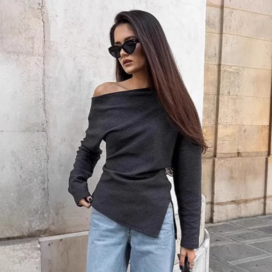 

2025 New Autumn Women Solid Color Sexy Spicy Girl Slanted Neck Off Shoulder Pullover Regular T-Shirt Fashion Top for Women