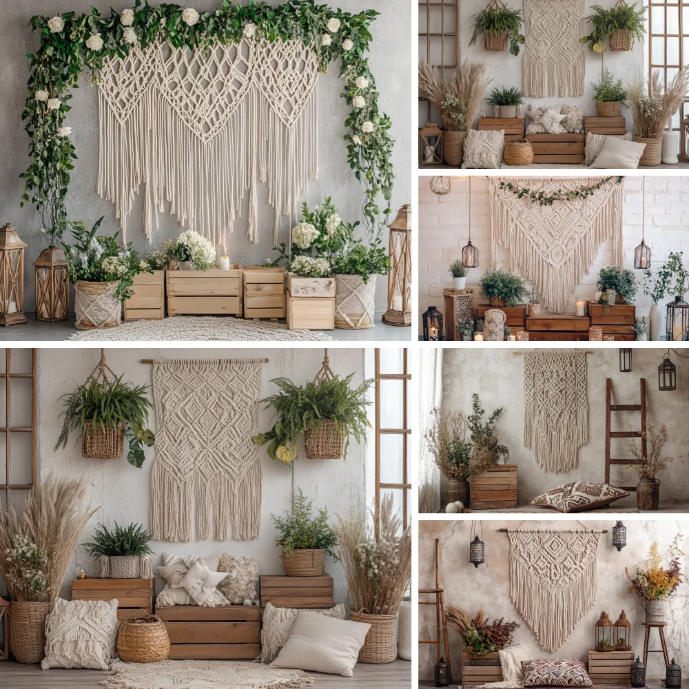 

Bohemian Room Photography Backdrops Wood Chair Tassel Ornament Kids Adults Birthday Decoration Portrait Background