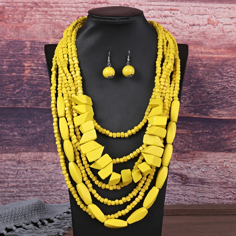 New 7 Multi Layer Handmade Round Wood Necklace Jewelry Set Vintage Statement Collar Boho Bib Beads Long African Jewelry Gifts