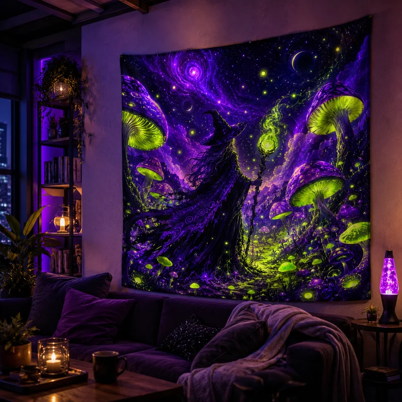 VIKAMA Magic Witch Tapestry, Colorful Starry Sky Female Wizard Wall Hanging, Mysterious Witch Print Tapestry, Home Decor