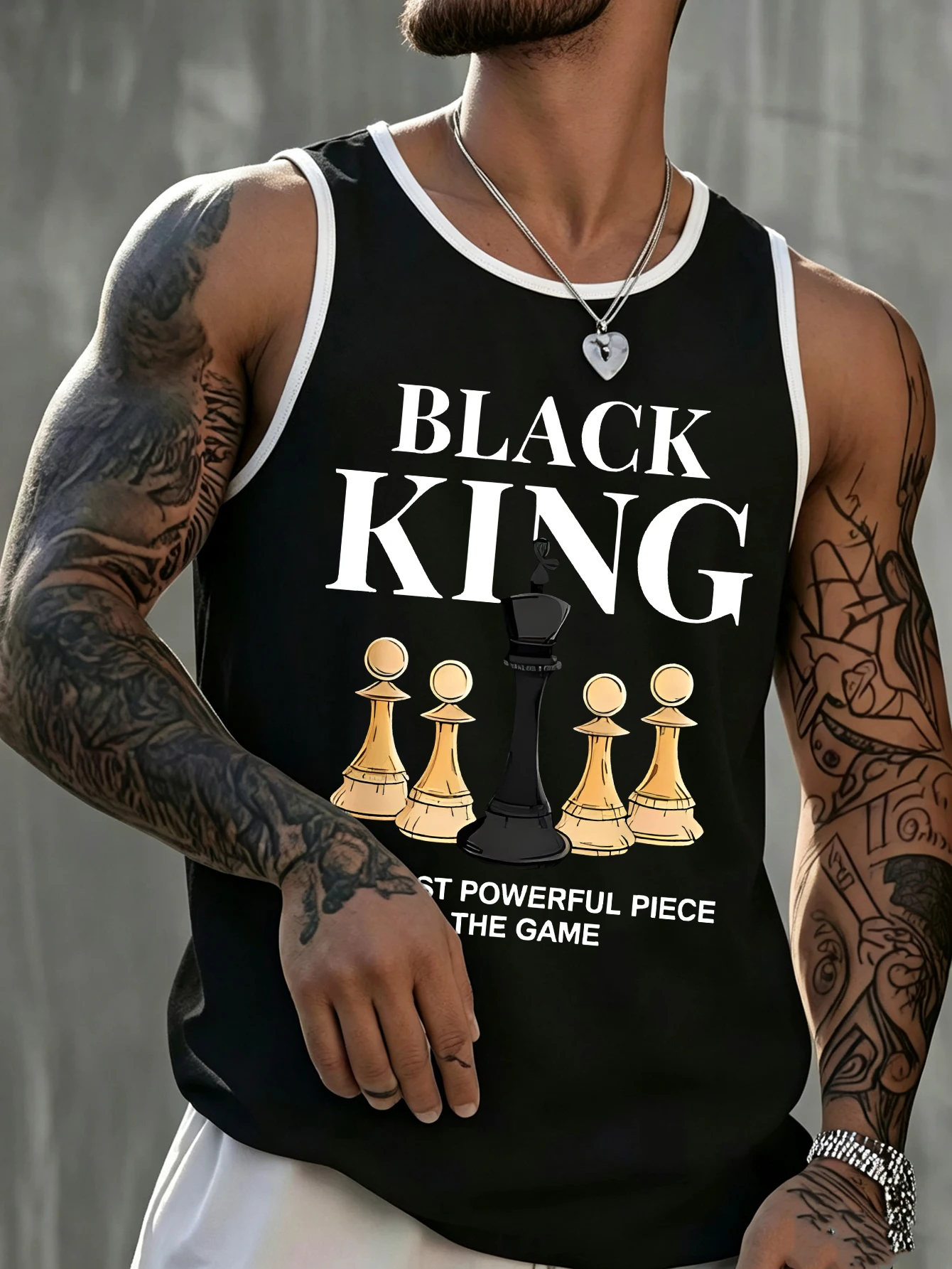 Men’s summer black-and-white contrast-trimmed crew-neck vest top; minimalist lettering print fitness sleeveless T-shirt
