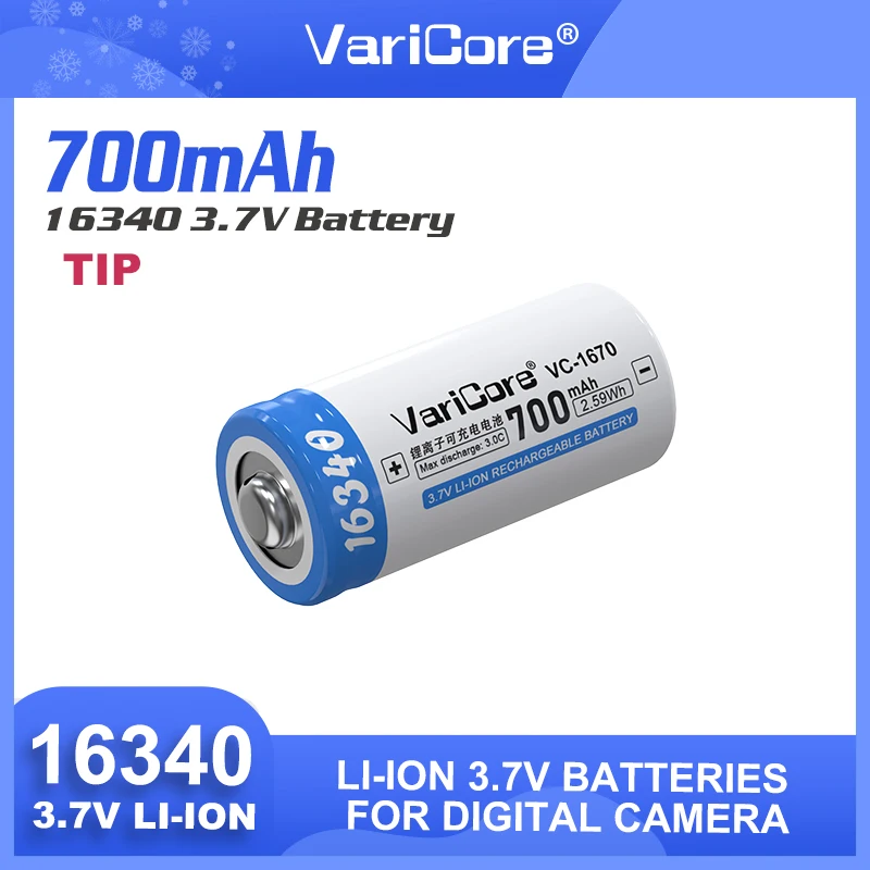 VariCore VC-1670 16340 Con TiP 3.7V 700mAh Batteria ricaricabile agli ioni di litio di grande capacità per la torcia elettrica della fotocamera digitale