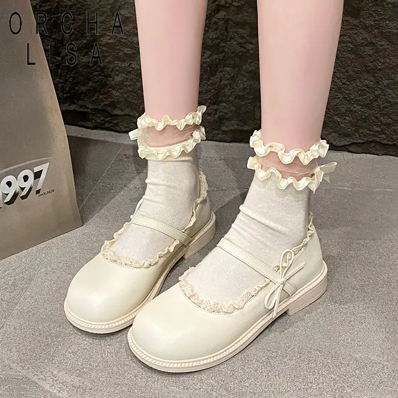 

ORCHA LISA Beige Women Flats Round Toe Slip On Butterfly Knot Sweet Girls Mary Janes Shoes Small Size 31 32 33 Handmade Footwear