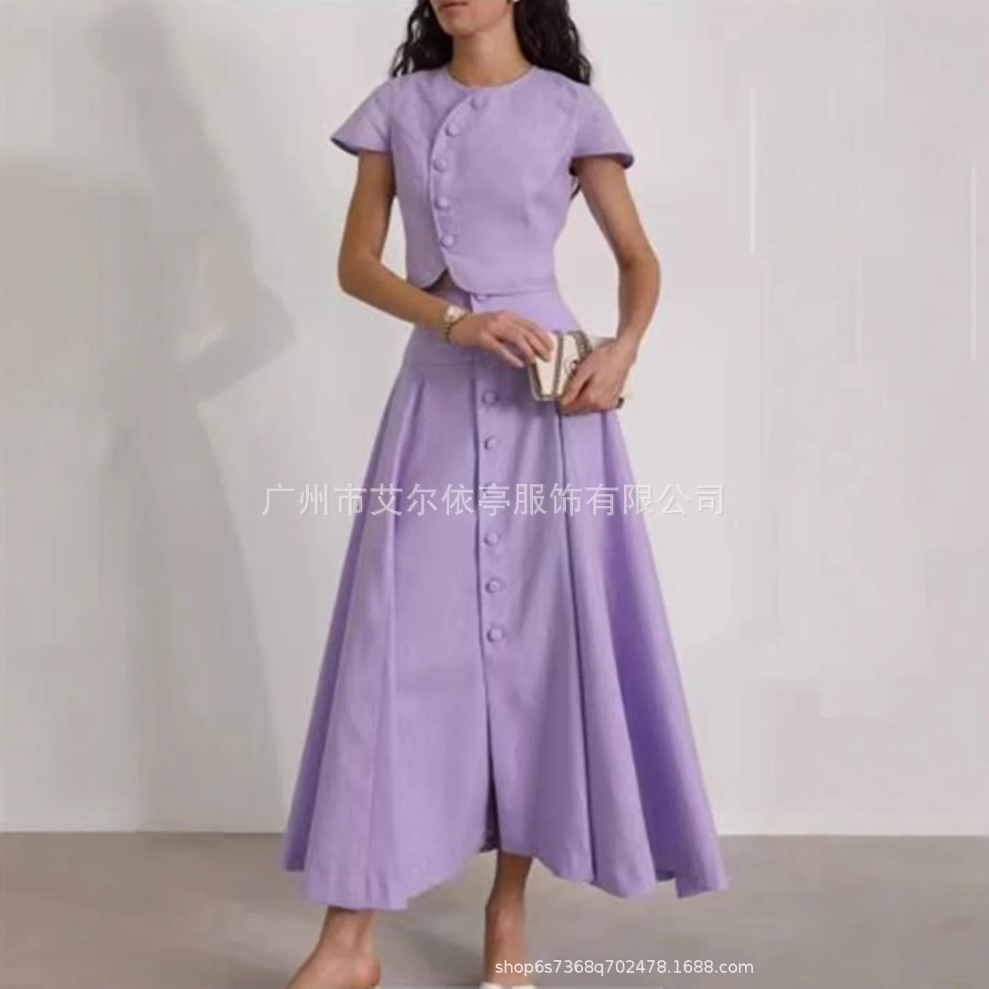 

2025 summer women's clothing solid color button short-sleeved top button pendulum long skirt two-piece set
